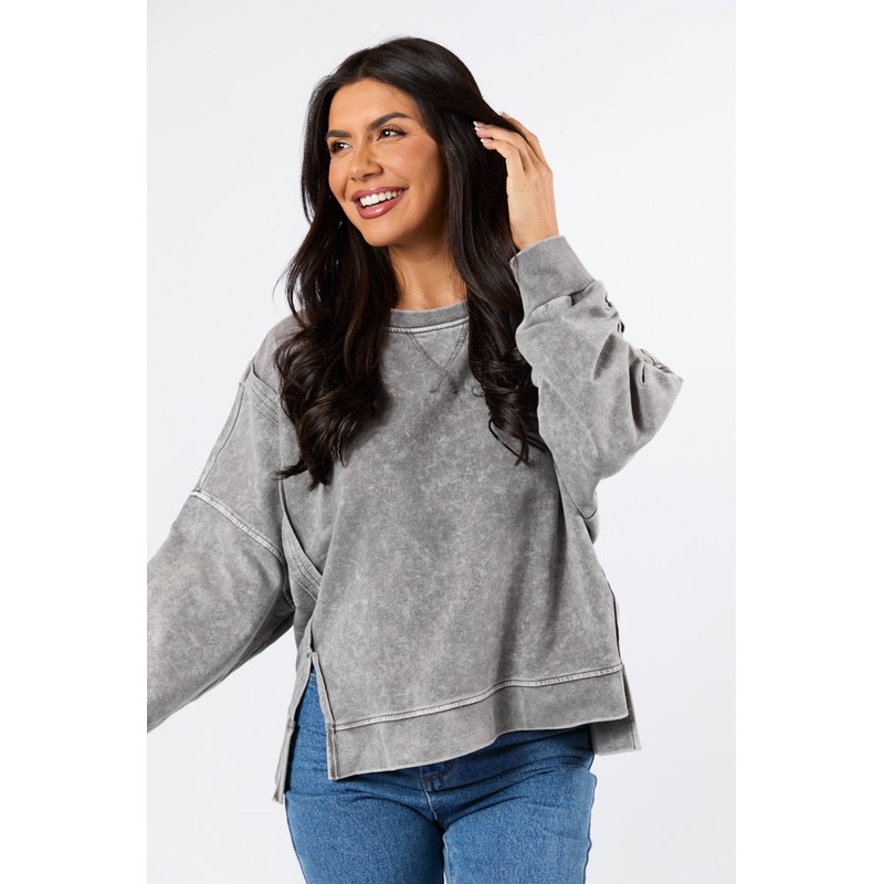 Around Town Charcoal Acid Wash Knit Pullover FINAL SALE