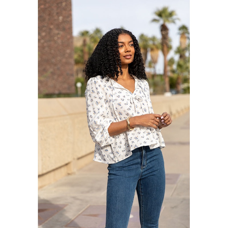Close To Me Ivory and Blue Bow Detail Floral Blouse