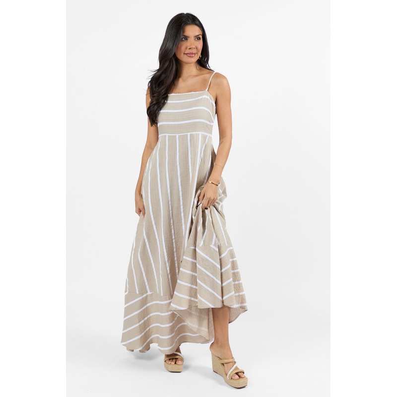 Come Sail Away Neutral Striped Maxi Dress