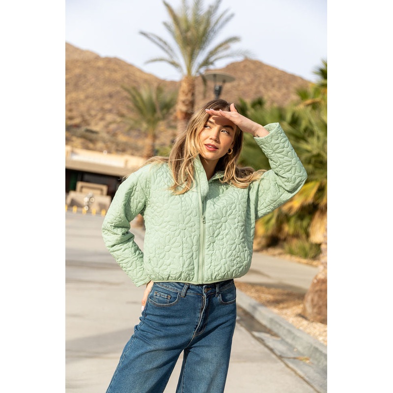 Full Bloom Sage Flower Quilted Zip Up Jacket FINAL SALE