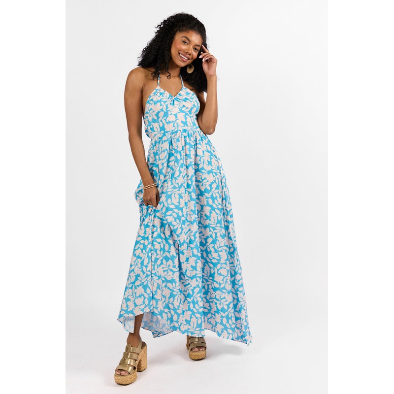Golden Days Blue Halter Neck Printed Maxi Dress