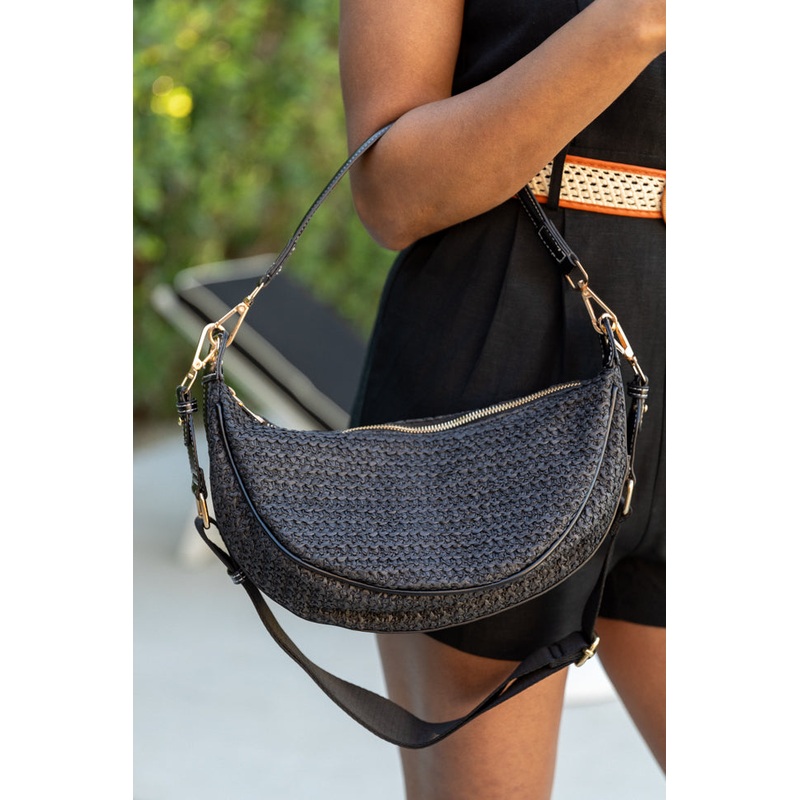 Kelly Black Raffia Crossbody Purse