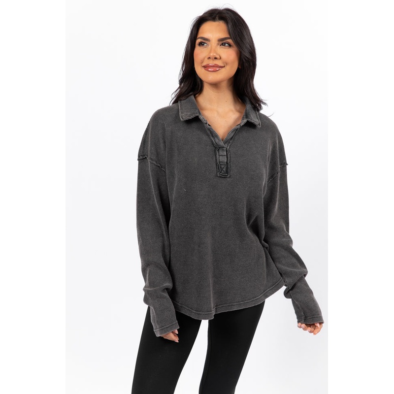 Leaf Your Worries Black Acid Washed Waffle Collared Top