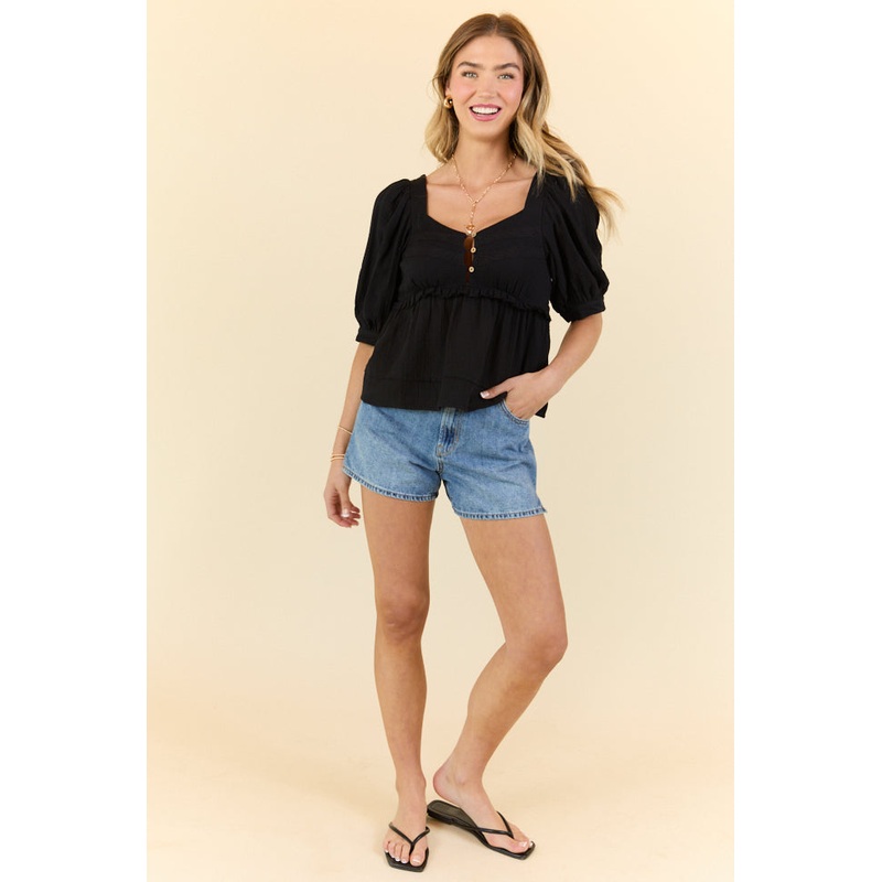 No Rush Black Babydoll Button Woven Top