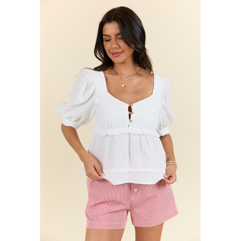 No Rush White Babydoll Button Woven Top