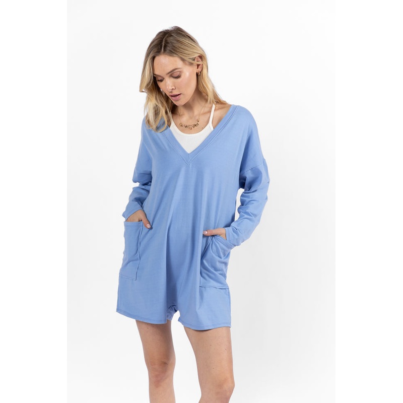 On A Daily Basis Indigo Deep V-Neck Pocketed Long Sleeve Romper FINAL SALE