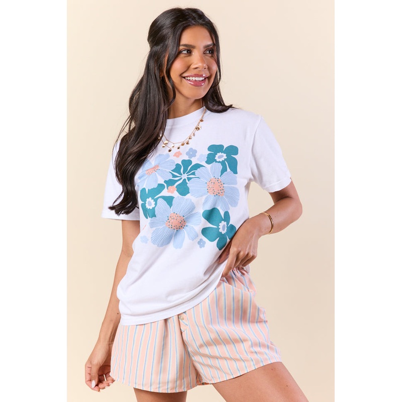Organic Floral Print White Graphic Tee