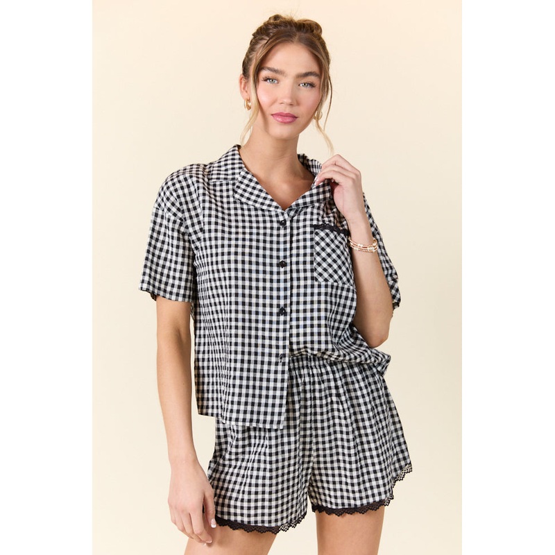 Peaceful Mornings Black Gingham Short Sleeve Pajama Set