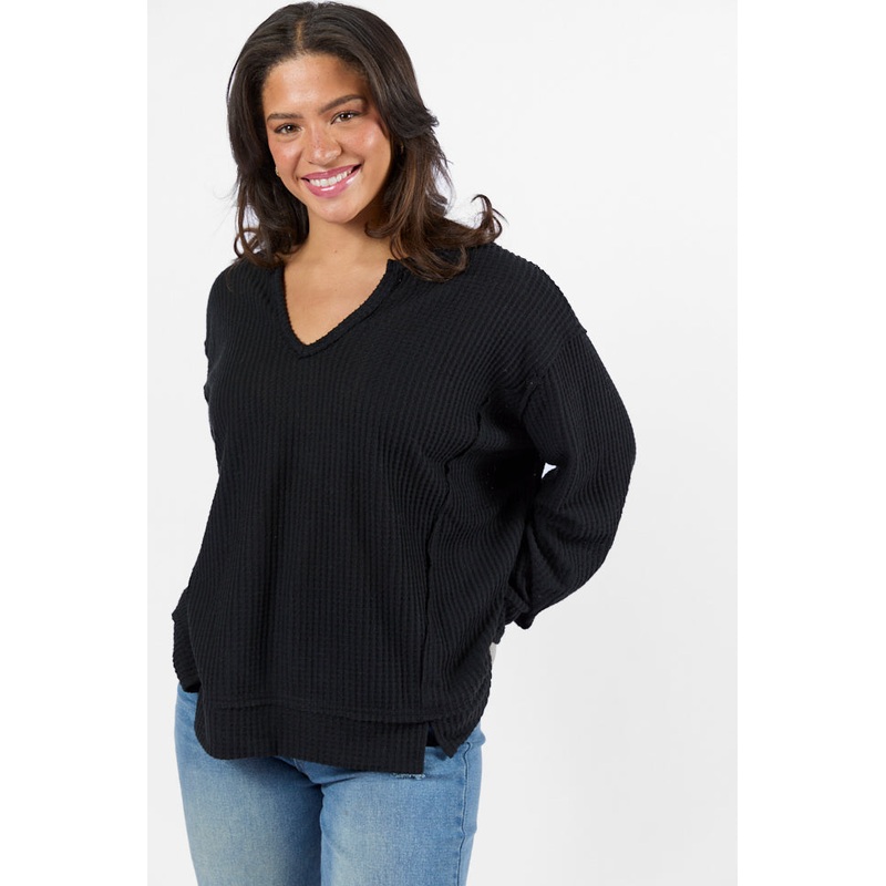 Reasonable Assumption Black Brushed Waffle Knit Oversized Top FINAL SALE