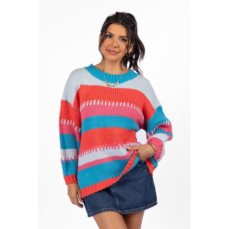 Something Extra Blue Multi Stripe Chunky Knit Stitch Detail Sweater FINAL SALE