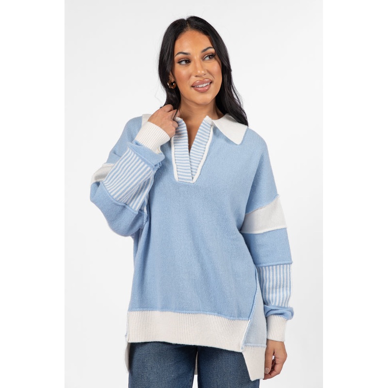 Think About It Sky Blue Collared Oversized Sweater FINAL SALE
