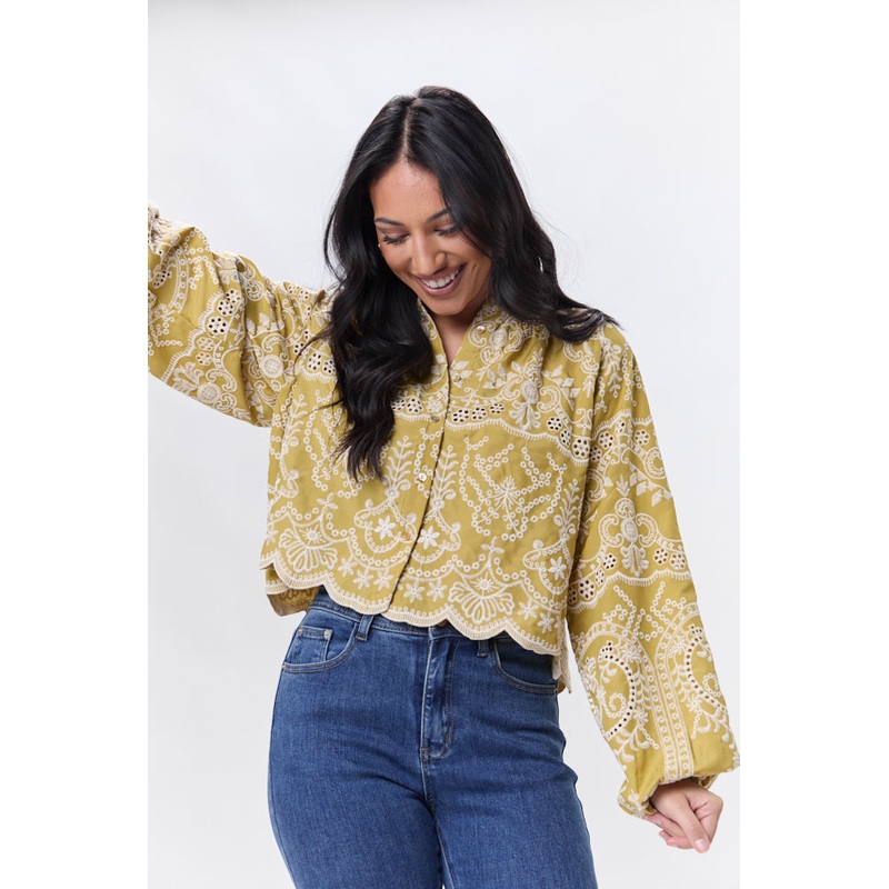 A Perfect Day Chartreuse Embroidered Blouse