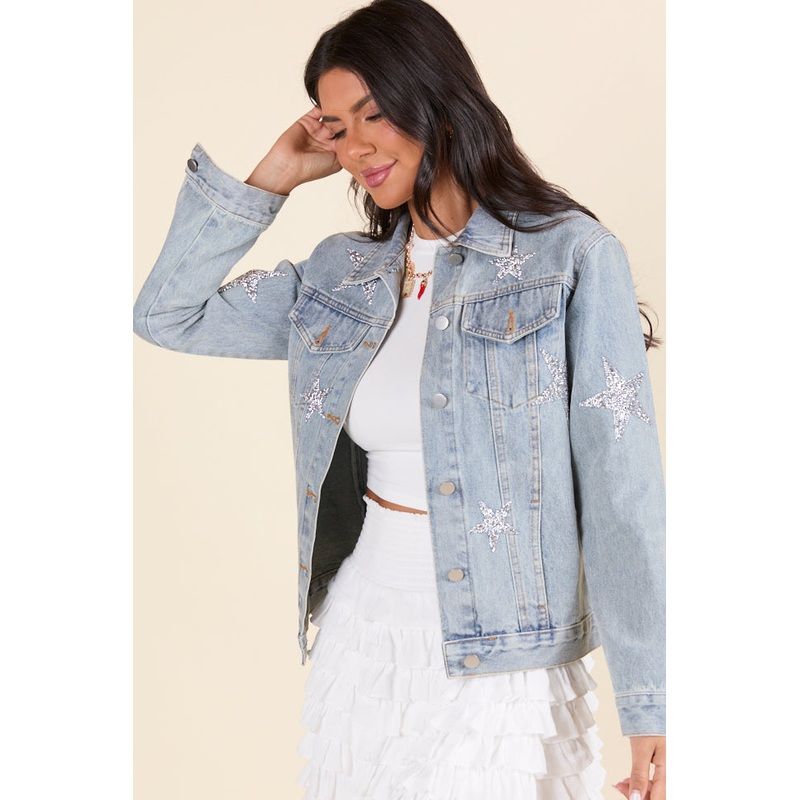 Brightest Night Light Wash Embellished Star Denim Jacket