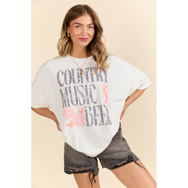 Country Music & Beer Off White Oversized Graphic Tee