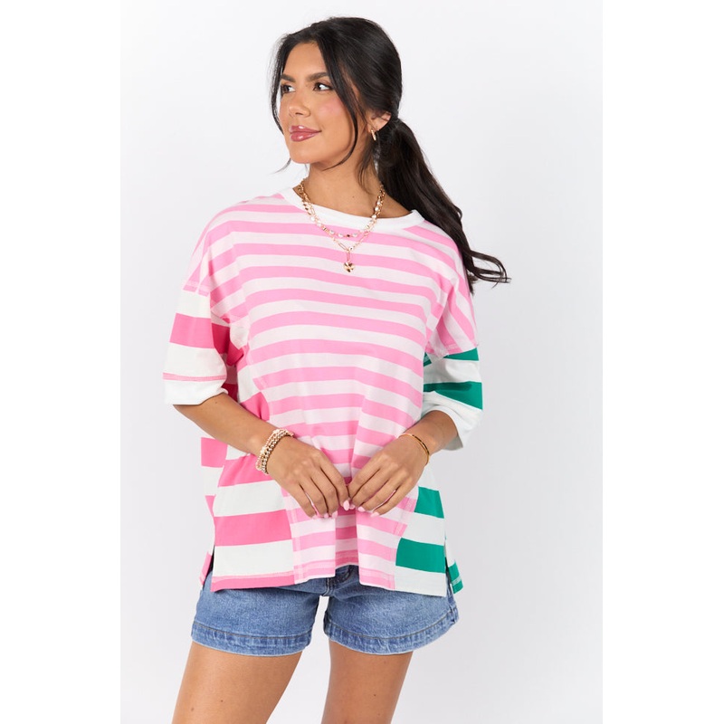 Destined For More Pink and Green Multi Color Block Striped Knit Tee