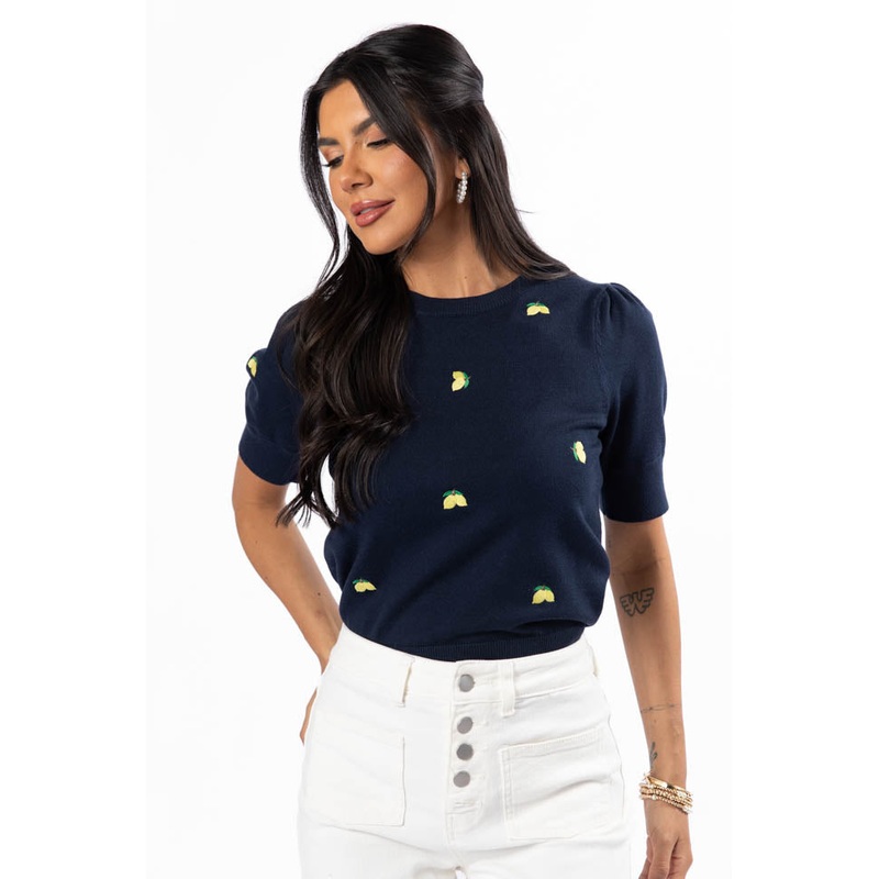 Feeling Zesty Navy Lemon Embroidered Short Sleeve Sweater