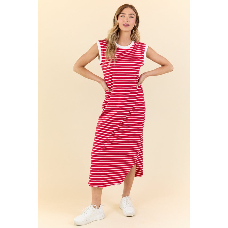 Let It Be Red and White Stripe Knit Midi Dress