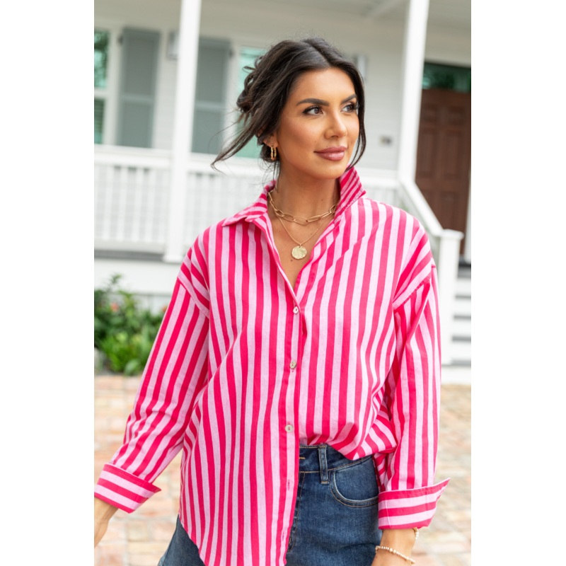 Making It Pink Multi Striped Button Down Top