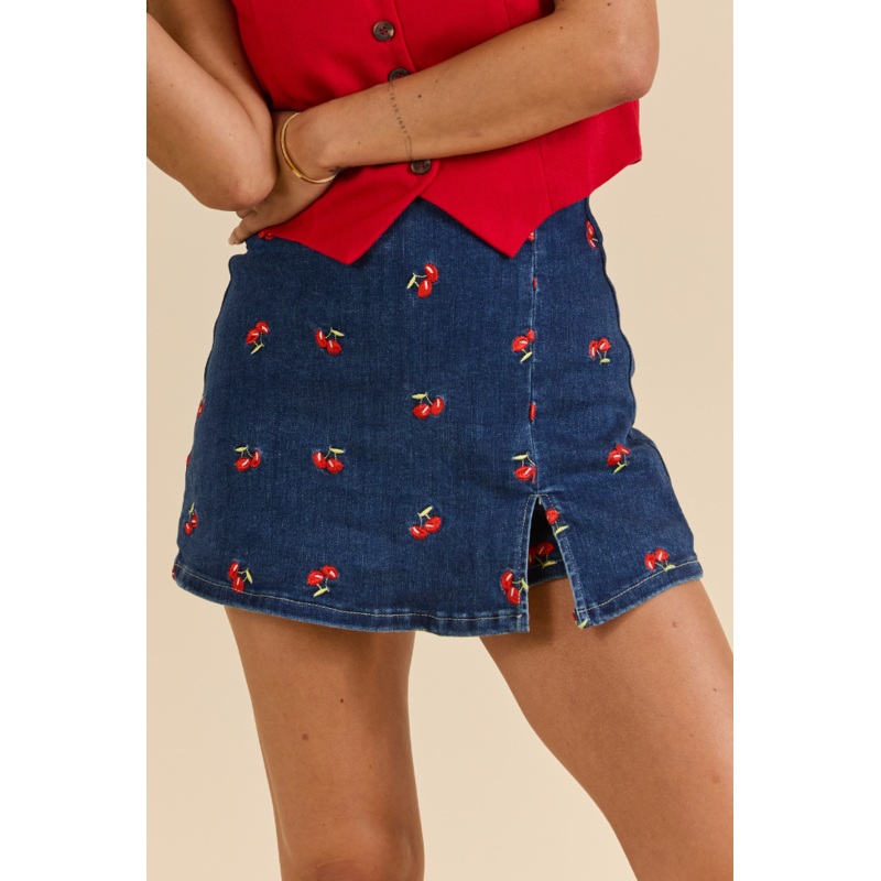 My Favorite Dark Wash Cherry Embroidered Side Slit Denim Skort