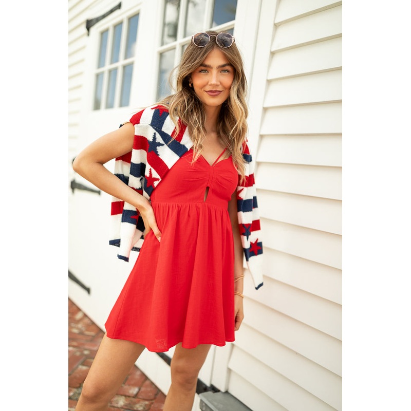 Rings A Bell Red V-Neck Mini Dress