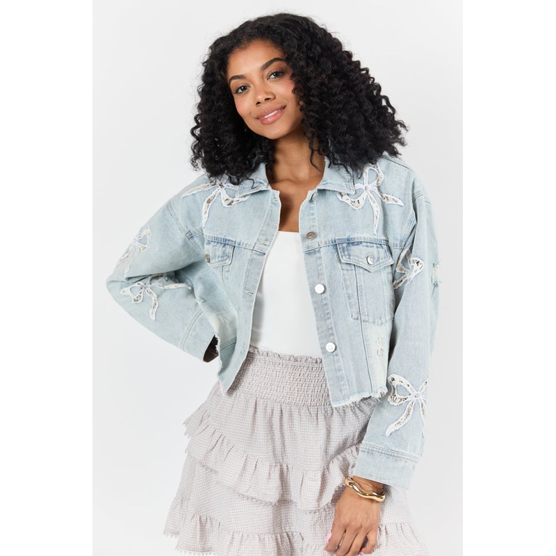 Seasonal Ties Light Wash Bow Detail Denim Jacket
