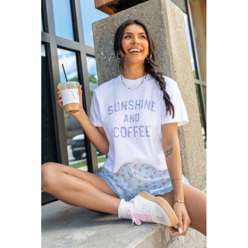 Sunshine And Coffee Floral White Boxy Graphic Tee