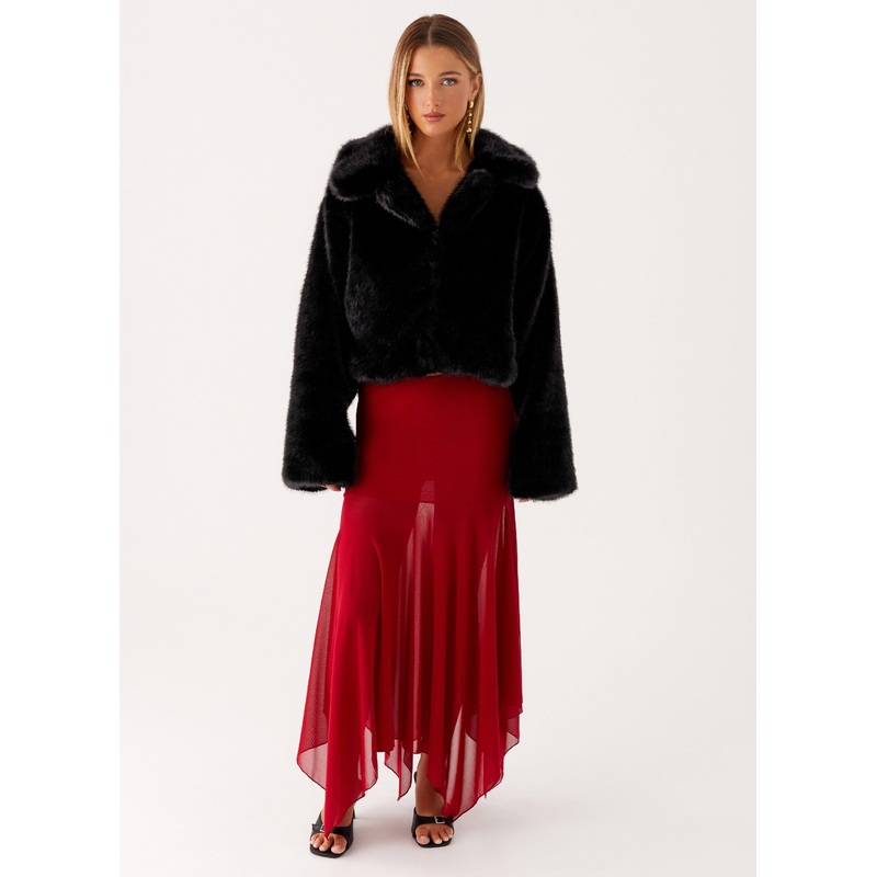 Carys Cropped Faux Fur Jacket – Black