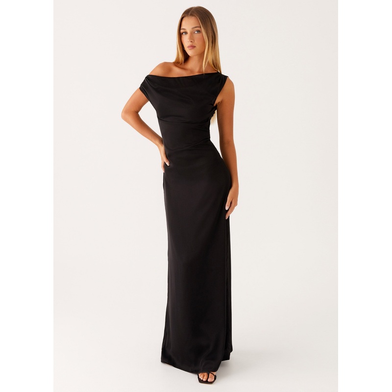 Heart Of Glass Satin Maxi Dress – Black