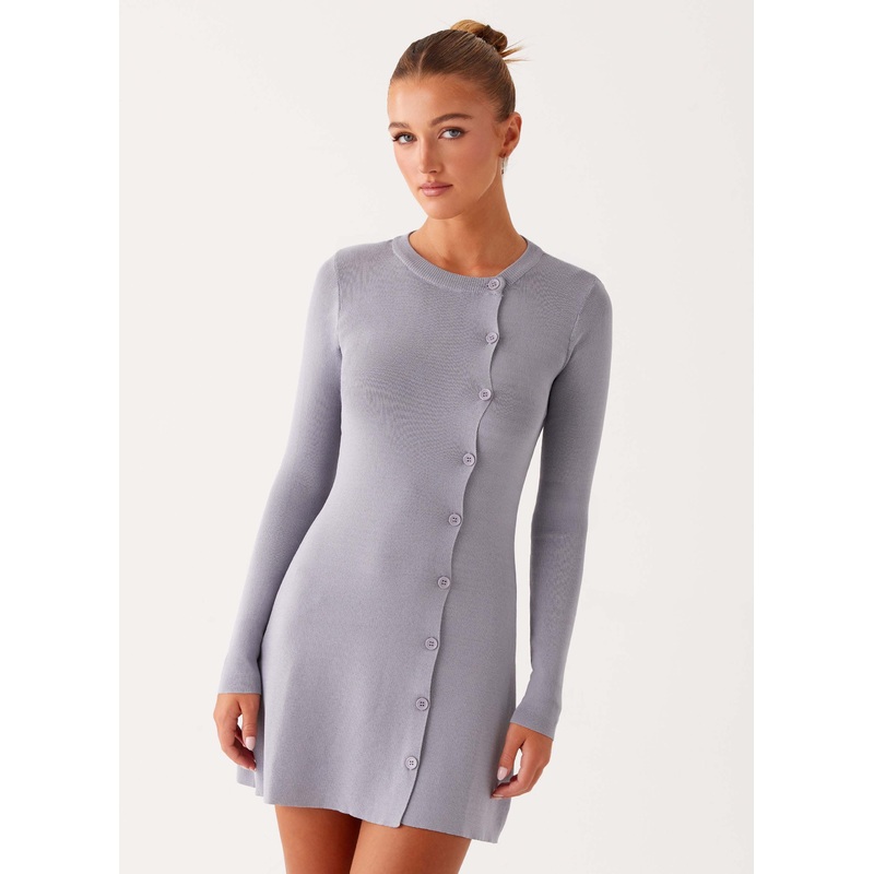 Not One Time Long Sleeve Knit Mini Dress – Grey