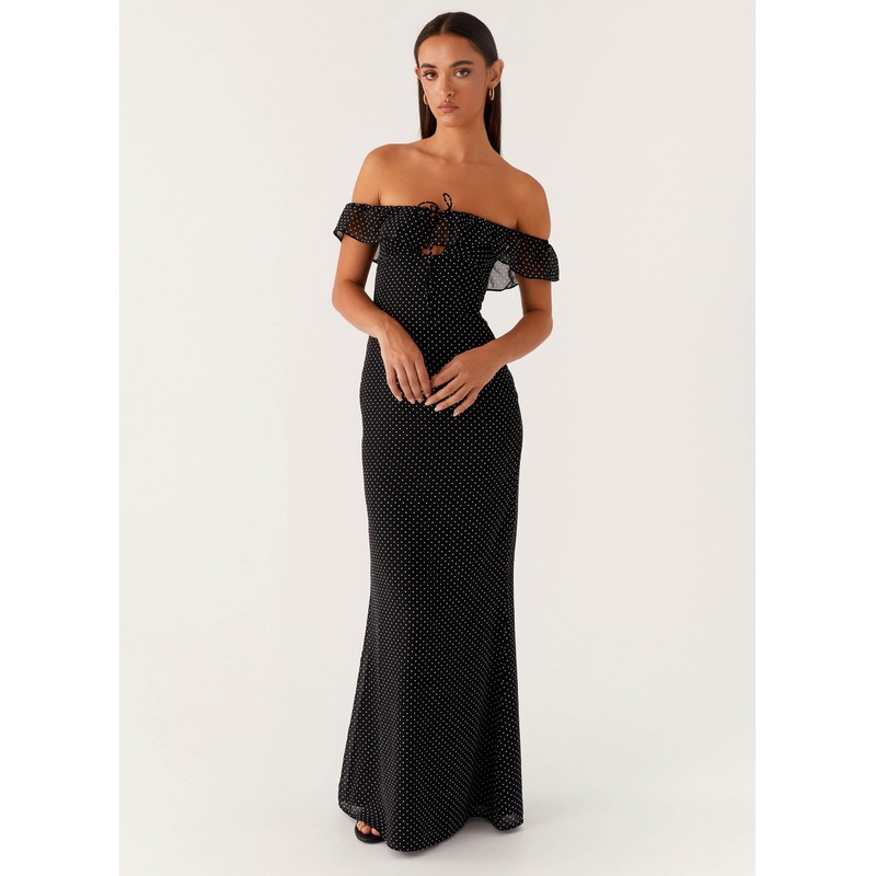 Scarlet Cherry Maxi Dress – Black Polka Dot