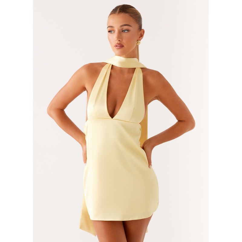 Alicia Satin Halter Mini Dress – Pastel Yellow