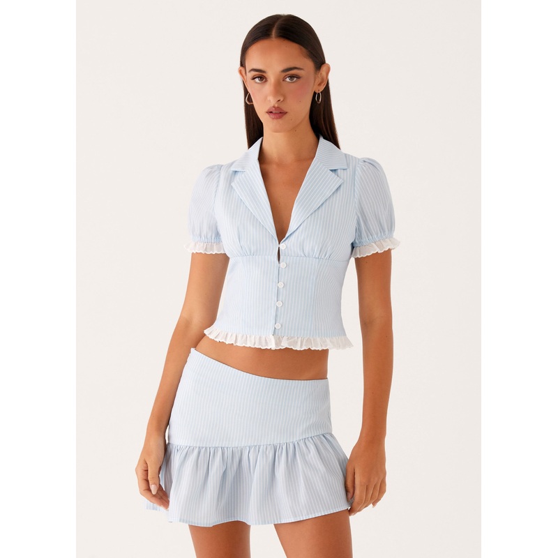 Bennett Button Up Top – Blue White Stripe
