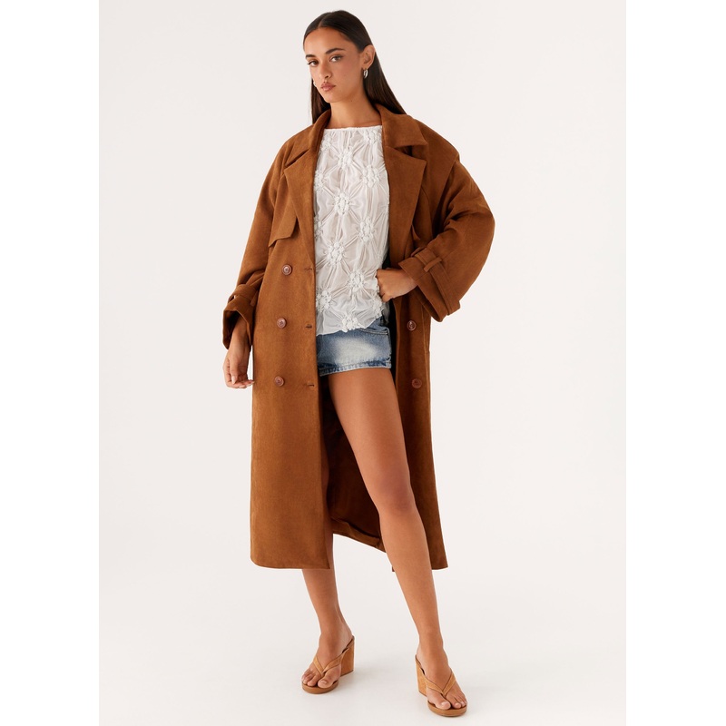 Bridie Faux Suede Trench Coat – Brown