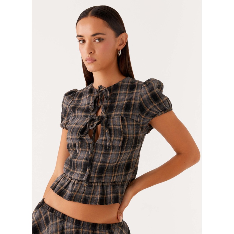 Lucia Puff Sleeve Top – Brown Check