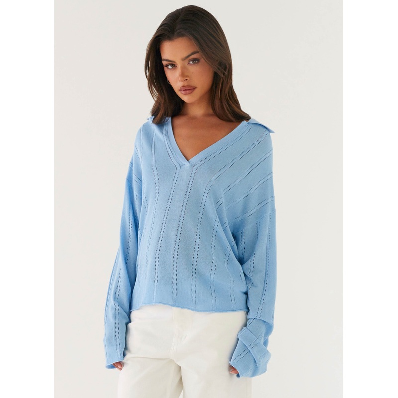 Annie Knit Polo Top – Blue