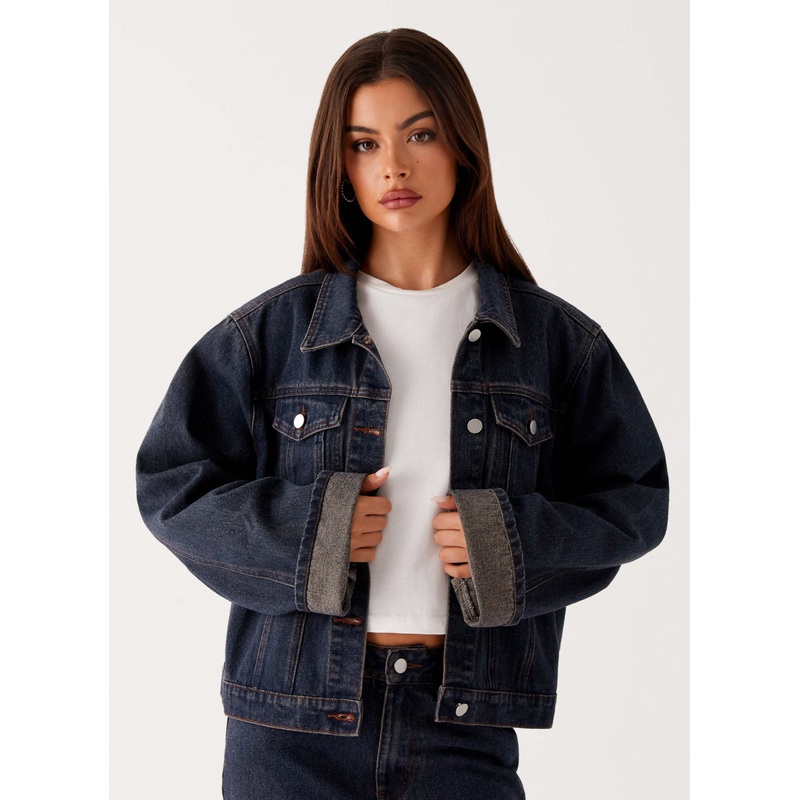 Back Again Oversized Denim Jacket – Brown Blue Acid Wash