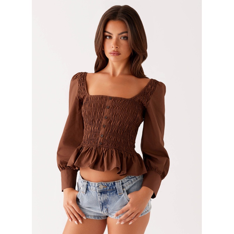Joyce Long Sleeve Shirred Top – Chocolate