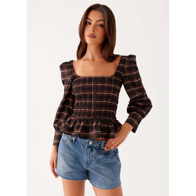 Joyce Long Sleeve Shirred Top – Chocolate Check