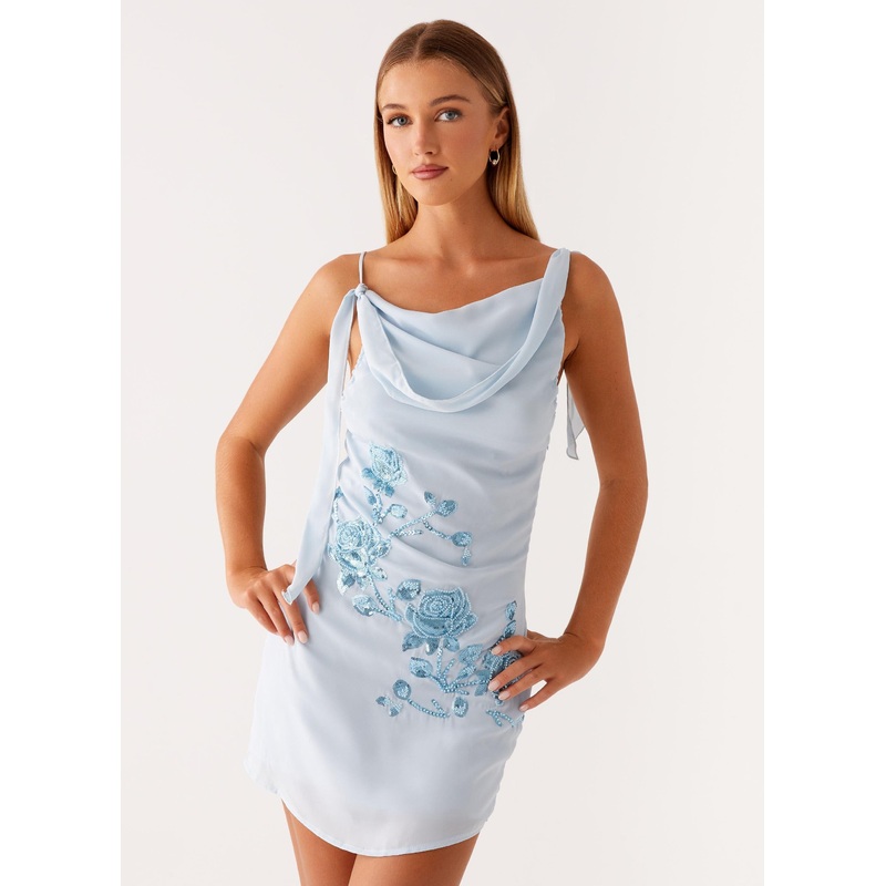 Lily Beaded Mini Dress – Pastel Blue