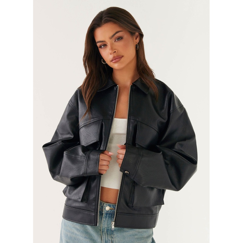 Lula Faux Leather Bomber Jacket – Black