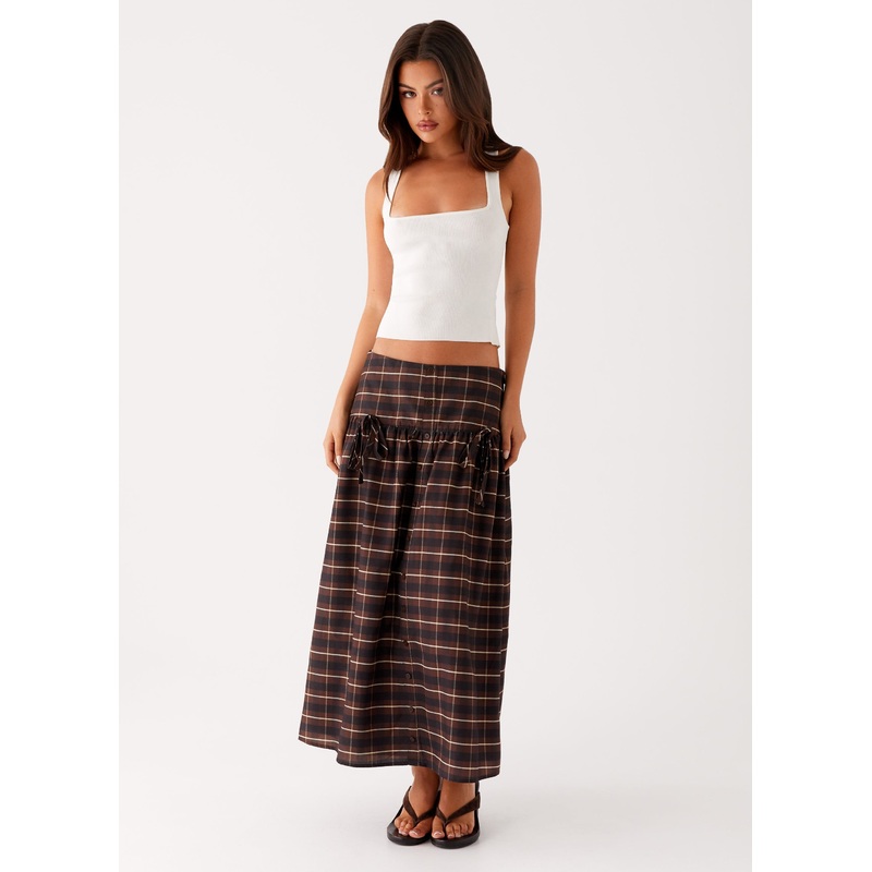 Quiet Places Midi Skirt – Chocolate Check