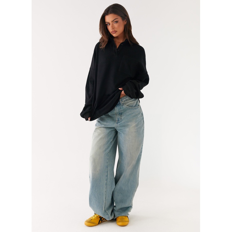 Torrie Oversized Polo Top – Black
