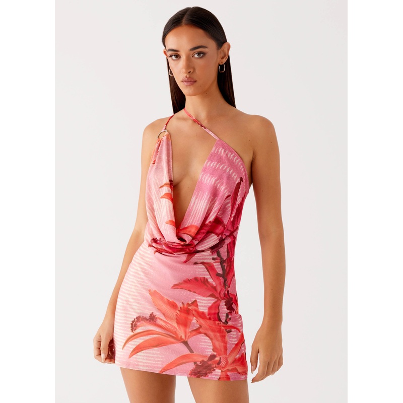 Bohemian Bliss Mesh Mini Dress – Tropical Pink Print