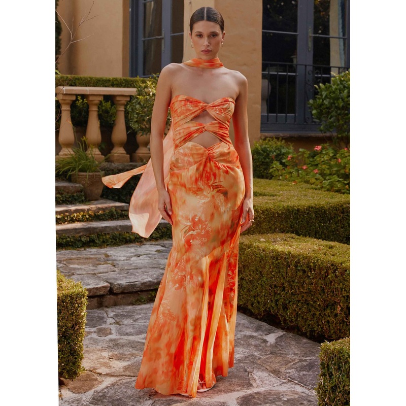 Melrose Satin Chiffon Maxi Dress – Sunset Floral
