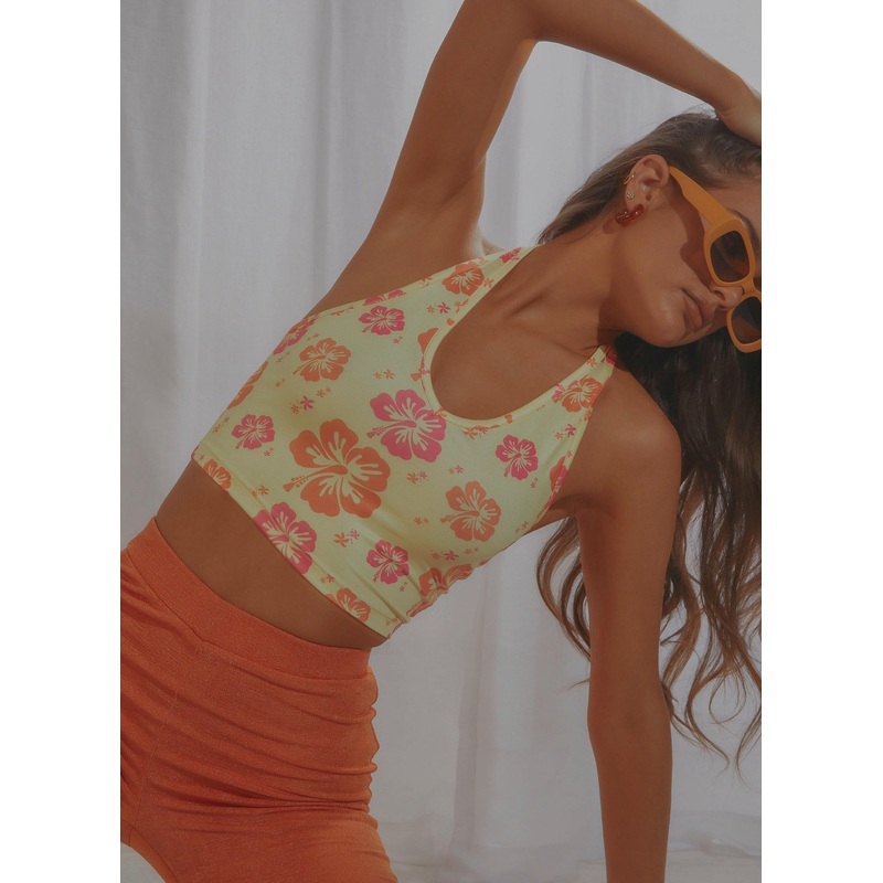 Maui Halter Crop – Yellow Hawaiian Floral