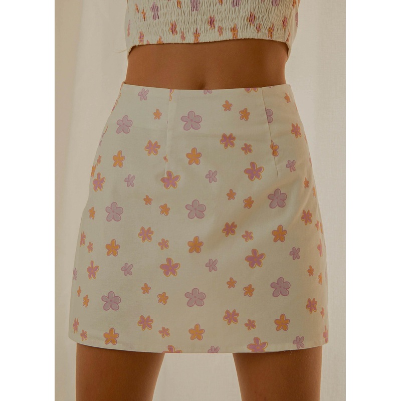 Morning Market Linen Mini Skirt – Pink Wild Poppies