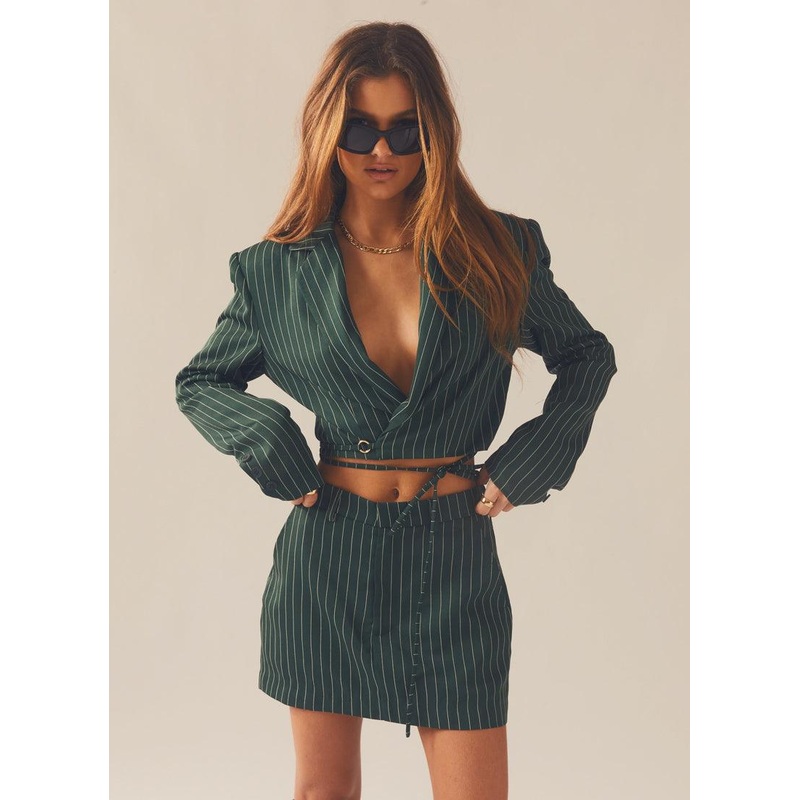 Pursuit of Happiness Cropped Blazer – Green Pinstripe