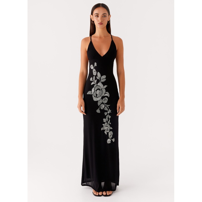 Beki Beaded Mesh Maxi Dress – Black