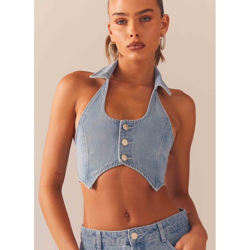 Backstage Pass Denim Vest top – Subdued Blue