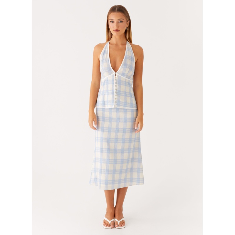 Esther Midi Skirt – Blue Check Seersucker